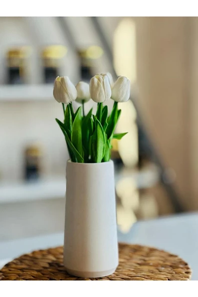 El Yapımı Beyaz Vazo Ve 8'li Lüx Islak Lale Buketi Modern Dekorasyon Minimalist Vazo - 2