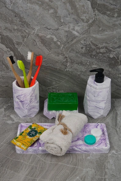4 Parça Mor Mermer Desenli Beton Banyo Seti Diş Fırçalığı Sıvı Katı Sabunluk Tepsi ürün görseli 1
