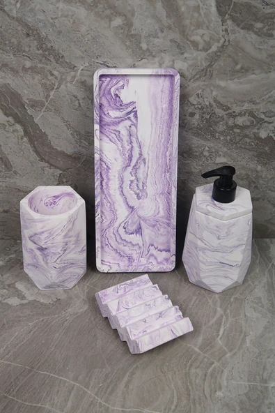 4 Parça Mor Mermer Desenli Beton Banyo Seti Diş Fırçalığı Sıvı Katı Sabunluk Tepsi - Resim 3