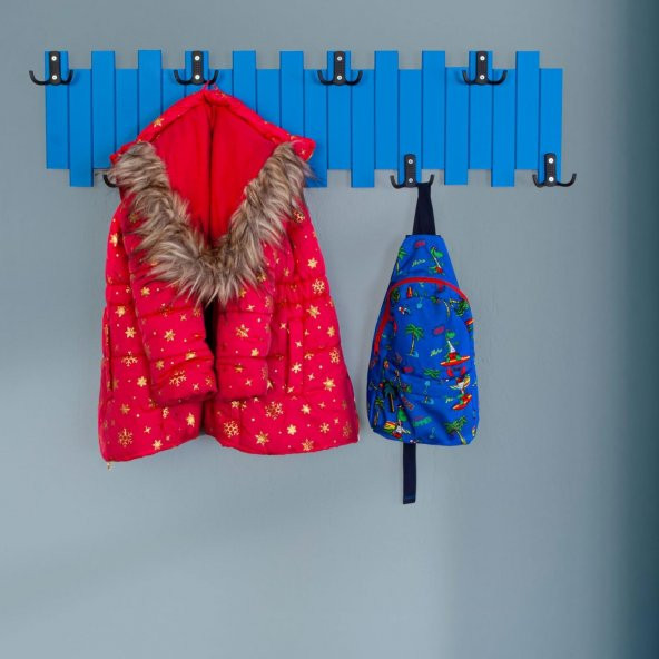 Mavi Ahşap Duvar Ve Kapı Askısı Elbise Askılık Çit Modeli 8 Askılı - 5