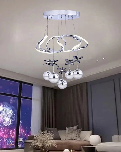 Galaksi Modern Sarkıt 5+1 Papatya Krom Ledli Sarkıt Avize ürün görseli 1