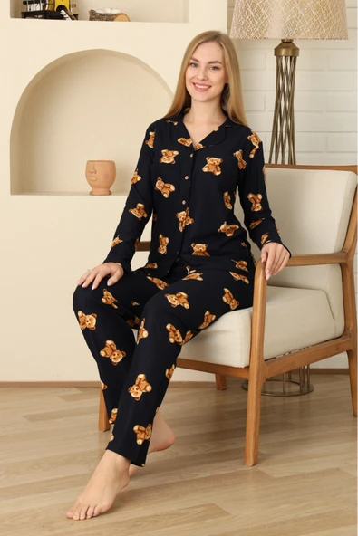 Kadın Pijama Takımı %100 Pamuk-Pat Yakalı ve Düğme Kapamalı 12309 ürün görseli 1
