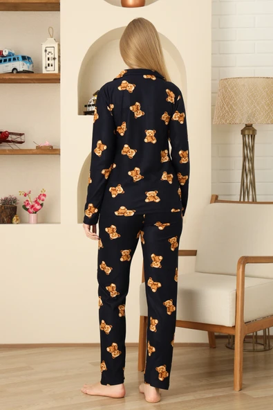 Kadın Pijama Takımı %100 Pamuk-Pat Yakalı ve Düğme Kapamalı 12309 - Resim 6