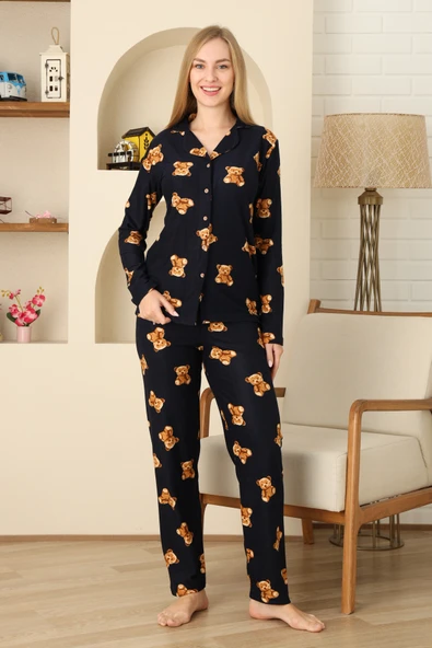 Kadın Pijama Takımı %100 Pamuk-Pat Yakalı ve Düğme Kapamalı 12309 - Resim 2