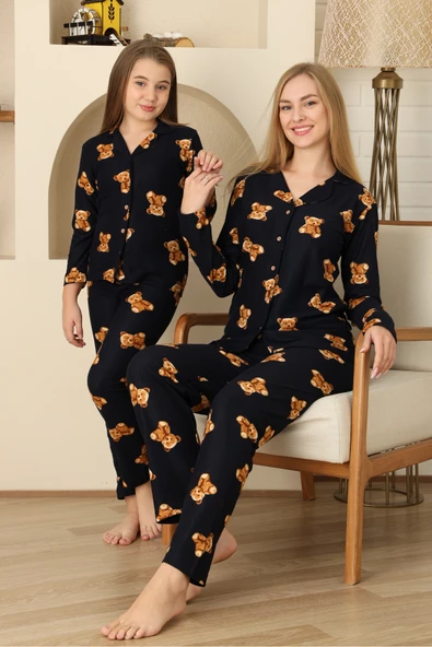 Kadın Pijama Takımı %100 Pamuk-Pat Yakalı ve Düğme Kapamalı 12309 - Resim 3