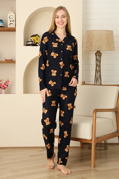 Kadın Pijama Takımı %100 Pamuk-Pat Yakalı ve Düğme Kapamalı 12309 - Resim 5
