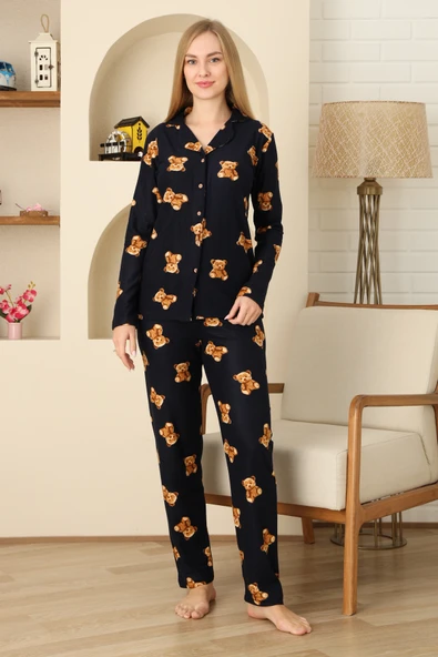 Kadın Pijama Takımı %100 Pamuk-Pat Yakalı ve Düğme Kapamalı 12309 - Resim 4