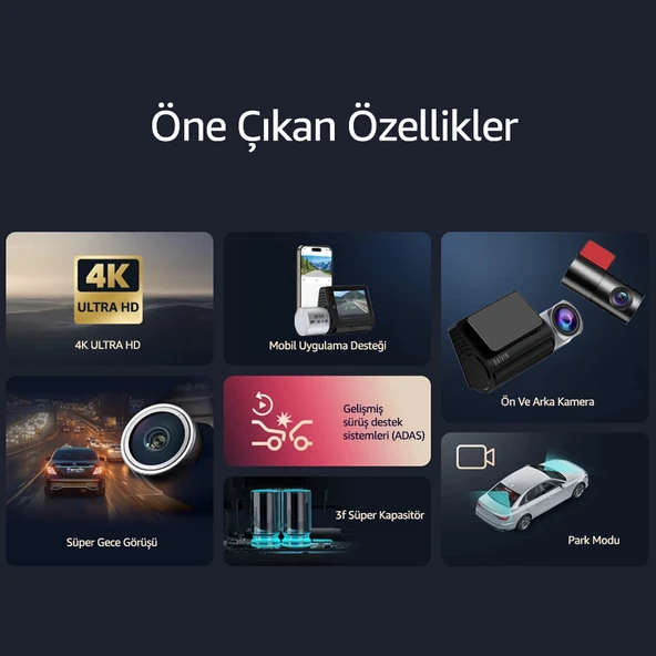 DAIVIN A6M 4k Qhd Wifi Adas 170° Ultra Geniş Açılı Gece Görüşlü Ön ve Arka Araç İçi Kamera - 8