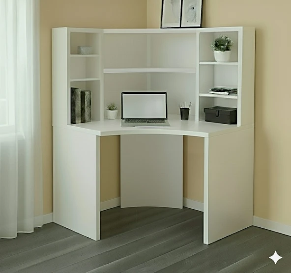 MukoToys Köşe Çalışma Masası ve Kitaplık Seti: Ergonomik Şık Beyaz MDF Tasarım - 3