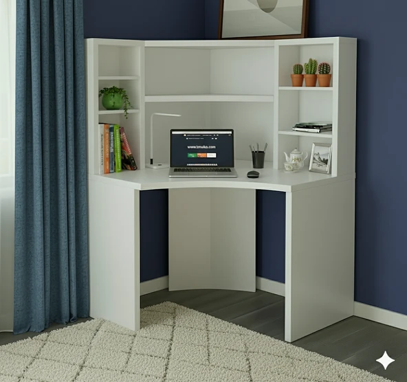 MukoToys Köşe Çalışma Masası ve Kitaplık Seti: Ergonomik Şık Beyaz MDF Tasarım - 4