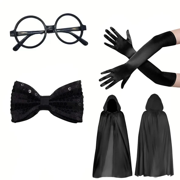 Siyah Kapüşonlu Büyücü ve Cadı Pelerin Kostüm Seti (4 Parça) - Resim 2