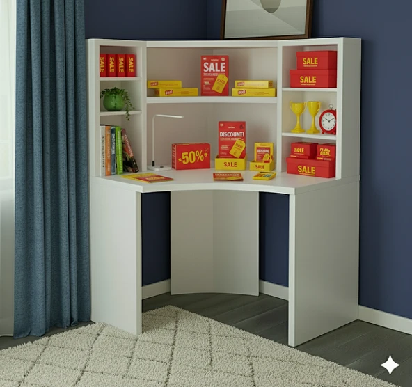 MukoToys Köşe Çalışma Masası ve Kitaplık Seti: Ergonomik Şık Beyaz MDF Tasarım - 2