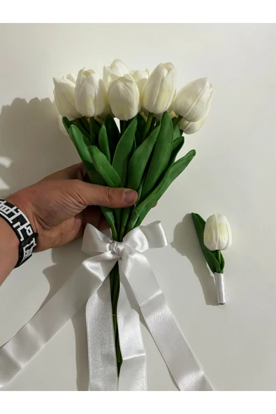 Dolgun Gelin Çiçeği Demeti Yapay Çiçek 16' lı Islak Lale Buketi Düğün Damat Yaka Çiçeği Gerçek Doku - 1