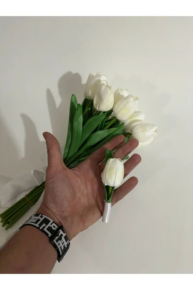 Dolgun Gelin Çiçeği Demeti Yapay Çiçek 16' lı Islak Lale Buketi Düğün Damat Yaka Çiçeği Gerçek Doku - 2