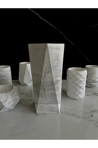 Beton Çiçek Vazosu El Yapımı Dekoratif Geometrik Saksı - 7