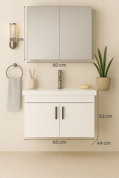 DEMEZLER MOBİLYA Luna 65 cm Beyaz Camlı Üst Modül ve Seramik Lavabolu, MDF Banyo Dolabı Takımı - Resim 2