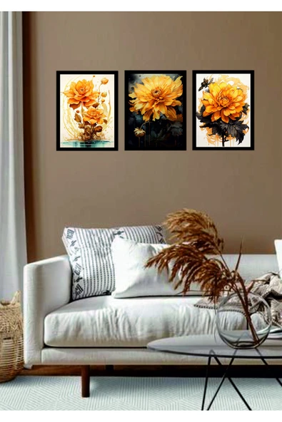 Sarı Çiçek Temalı 3’lü Modern Tablo Seti – MDF UV Baskılı, Çerçeveli Görünümlü Duvar Dekoru - 2