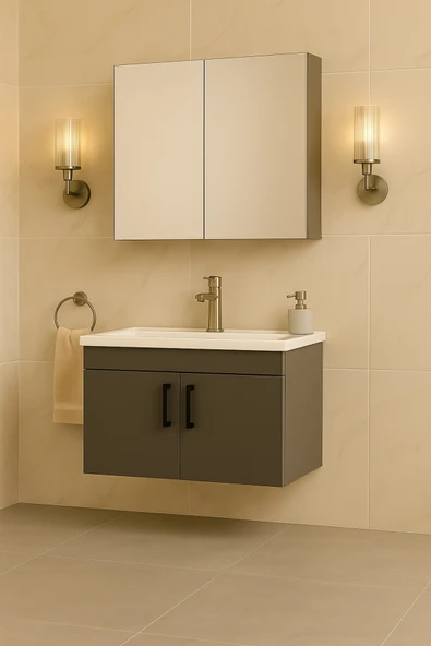DEMEZLER MOBİLYA Luna 65 cm Antrasit Camlı Üst Modül ve Seramik Lavabolu, MDF Banyo Dolabı Takımı - Resim 3