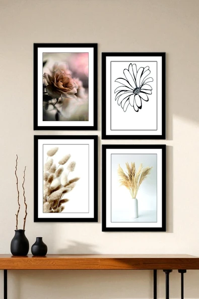 4 Parça Dekoratif Duvar Tablosu Seti | Çiçek ve Doğa Temalı Modern MDF Tablo