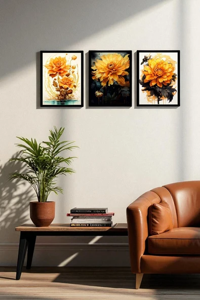 Sarı Çiçek Temalı 3’lü Modern Tablo Seti – MDF UV Baskılı, Çerçeveli Görünümlü Duvar Dekoru