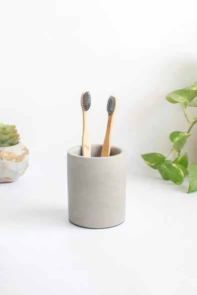 Dekoratif Beton Silindir Kalemlik |Çok Amaçlı Organizer Vazo Saksı Ofis ve Banyo Düzenleyici 8x10 cm - 4