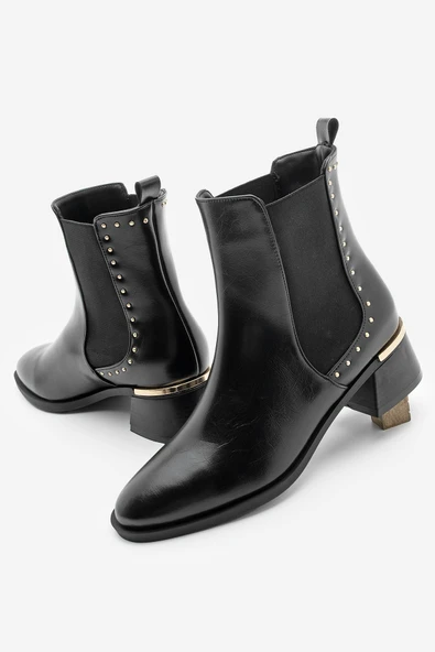 Potinonline K9782 Kadın Zımba Detay Altın Ökçe Lastikli Topuklu Bot - 6