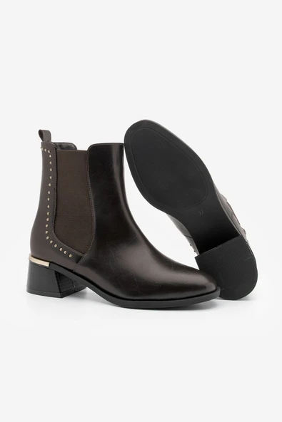 Potinonline K9782 Kadın Zımba Detay Altın Ökçe Lastikli Topuklu Bot - 4