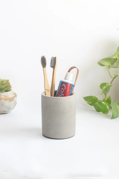 Dekoratif Beton Silindir Kalemlik |Çok Amaçlı Organizer Vazo Saksı Ofis ve Banyo Düzenleyici 8x10 cm - 3