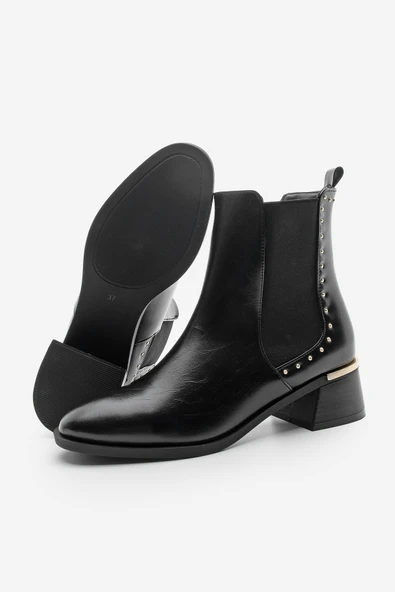 Potinonline K9782 Kadın Zımba Detay Altın Ökçe Lastikli Topuklu Bot - 9