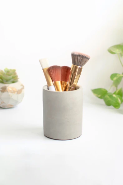 Dekoratif Beton Silindir Kalemlik |Çok Amaçlı Organizer Vazo Saksı Ofis ve Banyo Düzenleyici 8x10 cm - 6