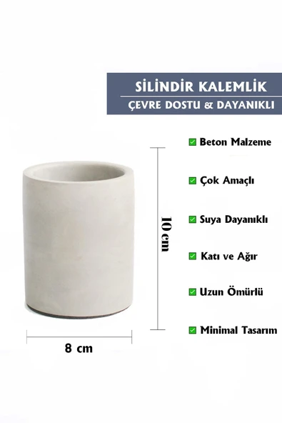 Dekoratif Beton Silindir Kalemlik |Çok Amaçlı Organizer Vazo Saksı Ofis ve Banyo Düzenleyici 8x10 cm - 8