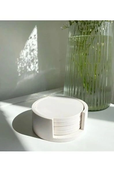 Minimalist Beton Bardak Altlığı Seti - 4’lü | Mat Beyaz | Yuvarlak Tasarım & Stand Dahil - 5