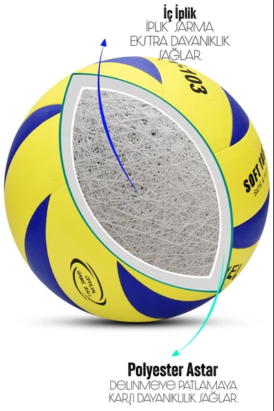 SEMİ-PRO Voleybol Topu Lamineli Beton Zemin SoftTouch İç-Dış Mekana Uygun 8 Panel Sarı-Mavi GSV103 - Resim 4