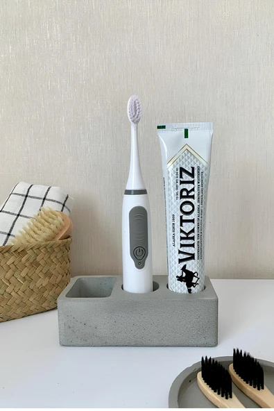 Minimalist Beton Banyo Organizeri Diş Fırçalık | Elektrikli Diş Fırçası ve Macun Standı