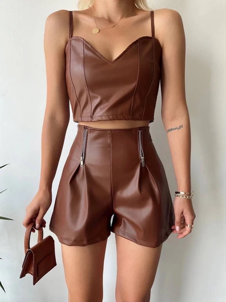 Çift fermuarlı deri şort kahve h24394 - 2