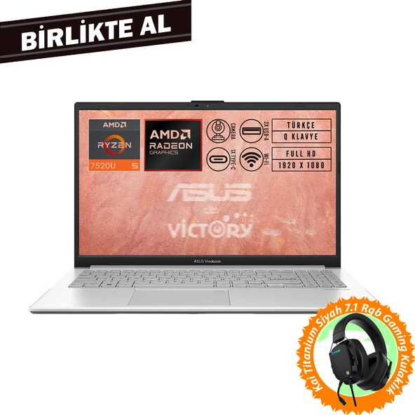 Asus VivoBook Go 15 AMD Ryzen 5 7520U 8GB 512GB SSD 15.6" W11P + Gaming Kulaklık E1504FA-NJ115 012 ürün görseli 1