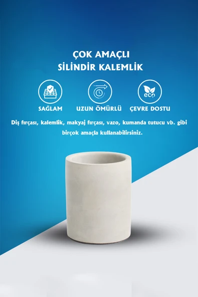 Dekoratif Beton Silindir Kalemlik |Çok Amaçlı Organizer Vazo Saksı Ofis ve Banyo Düzenleyici 8x10 cm - 2