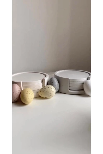 Minimalist Beton Bardak Altlığı Seti - 4’lü | Mat Beyaz | Yuvarlak Tasarım & Stand Dahil - 6