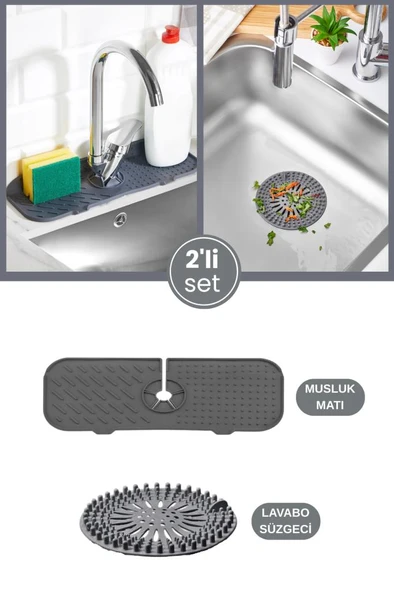 2’li Lavabo Matı ve Süzgeç Seti, Musluk Sünger Matı + Süzgeçli Banyo Küvet Evye Tıkacı Gider Kapağı ürün görseli 1