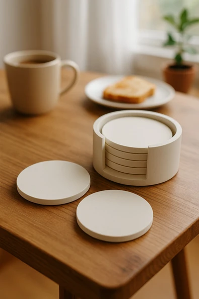 Minimalist Beton Bardak Altlığı Seti - 4’lü | Mat Beyaz | Yuvarlak Tasarım & Stand Dahil