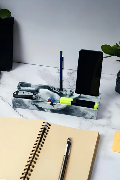 Beton Masaüstü Organizer | Kalemlik, Telefon ve Kartlık Düzenleyici – Şık Ofis Masa Dekoru - 4