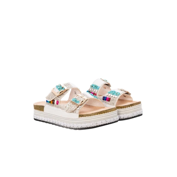 Kadın Mantar Platform Taban Taşlı Çift Tokalı Comfort Terlik 25y103 - Resim 11