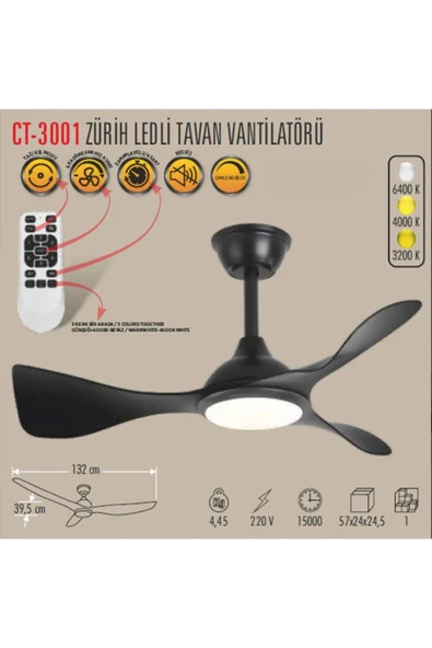 ZÜRİH LED TAVAN VANTİLATÖR SESSİZ (CT-3001) - 2