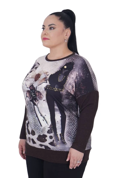 Büyük Beden Çiçek Motifli Taş Detaylı Kışlık Kazak Bluz - 2