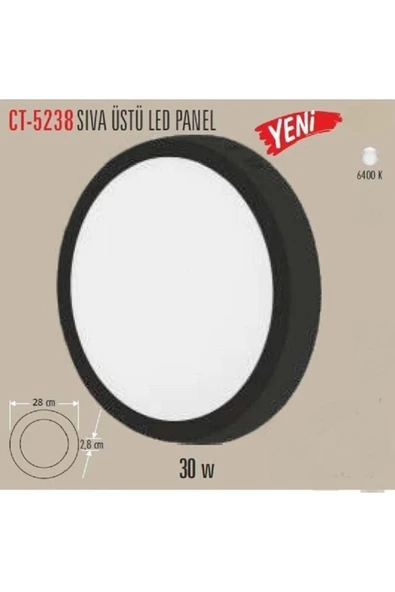 30 Watt Sıva Üstü Yuvarlak Panel Led Armatür Ct-5238 Alüminyum Siyah Kasa Beyaz Işık - 1