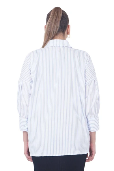 Büyük Beden Çiçek Motifli Slogan Yazılı Çizgili Gömlek - 3