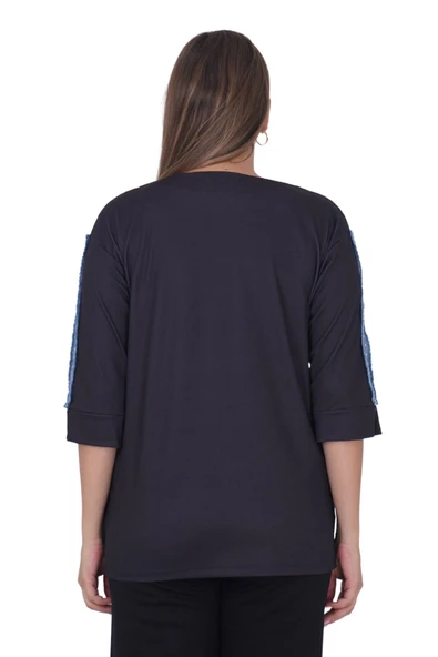 Büyük Beden Çiçek Kuş Baskılı Taşlı Kapri Kol Bluz - Resim 3