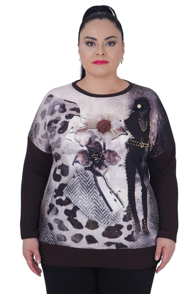 Büyük Beden Çiçek Motifli Taş Detaylı Kışlık Kazak Bluz
