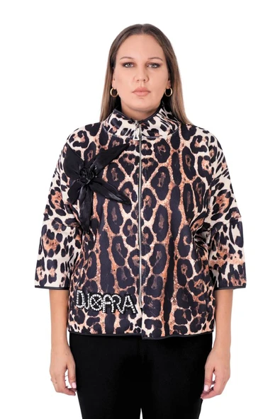 Leopar Desenli Çiçek Motifli İnce Rüzgarlık Büyük Beden Kapri Kol Ceket