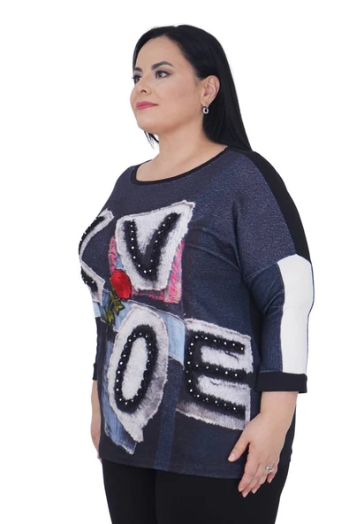 Büyük Beden Çiçek Nakışlı Love Nakışlı Kışlık Oversize Bluz - Resim 2